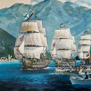 Валерий Ржевский передал в дар картину «Эскадра адмирала Сенявина в Которском заливе. 1806 год» Балтийскому флоту