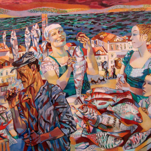 О.А. Трушникова. Рыбацкий рынок на Волге. 2010. Холст, масло.120х145 см. Собственность автора