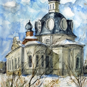 И. Помелова. Церковь в селе Роща. 2018. Бумага, акварель, 60х40см