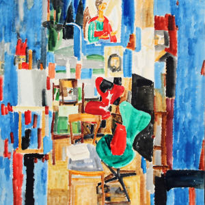 В.С. Бухаров. Интерьер. Из цикла «Художник в мастерской», 1982. Бумага, акварель. 62х64. Забайкальский краевой художественный музей