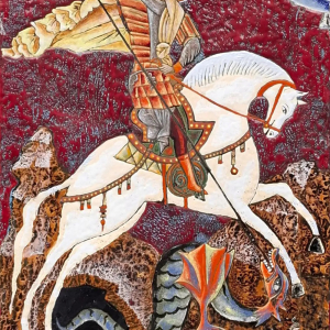 В.А. Чаусов. Святой Георгий. 2024. Горячая эмаль, сталь. 92х61. Собственность автора.