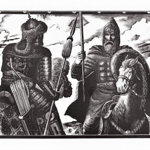 С.М.Харламов. Поединок. Из серии «На поле Куликовом». 1979-1980. Бумага, линогравюра. л:54,5х81,5; от:46х72,5 см. Костромской государственный историко-архитектурный и художественный музей-заповедник