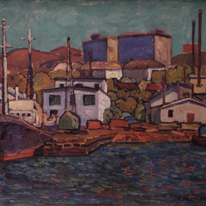 А.В. Ткаченко. Рыбокомбинат Зарубино. 1992 г. Оргалит, масло. 66х80. Приморская государственная картинная галерея