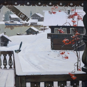 Б.Н.Поморцев.  Снег выпал. 1975. Плита твердая, темпера. 79,5х119. Музей изобразительных искусств Республики Карелия