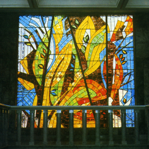 В.К. Васильцов (1932-2008), Э.А. Жарёнова. Витраж «Времена года» в здании советского посольства в Рабате, Марокко. 1976. Фото из книги «Московские монументалисты». М., 1985.