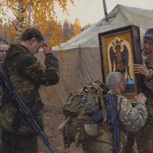 В.В. Куракса. Молитва перед боем. 2024. Холст, масло. 100х150. Студия военных художников имени М.Б. Грекова