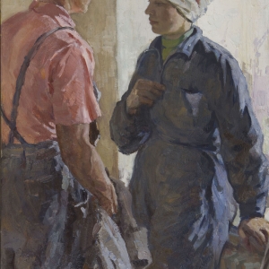 Б.Н.Поморцев.  Молодые строители. 1959 . Холст, масло. 105,5х70,7. Музей изобразительных искусств Республики Карелия.