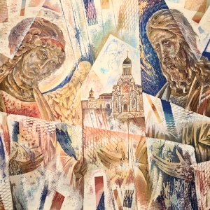 С.Г. Давыдов.« Реставрация. Диалог». 2021г., шелк, батик, 105х170. Собственность автора.