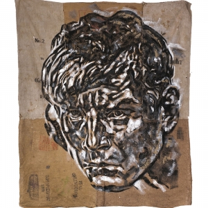 В.Г. Анзельм. Рабочий. 2018. Мешок, акрил, уголь, песок, клей, 255х205 см