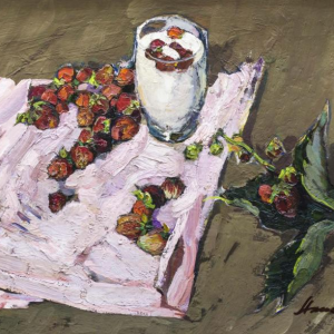 А.И. Алексеев. Натюрморт с земляникой.  Картон, м. 1961