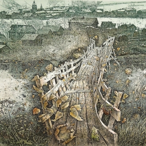 А.Е.Ветров.  Мост. Дорога в добрые воспоминания северной осени.1989, 2001. Цв. офорт. 40х46.