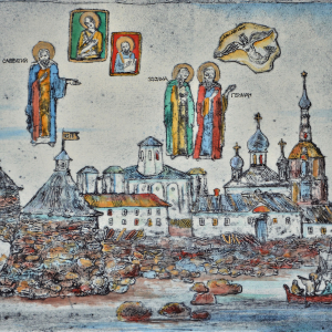 Н.М. Цветков. Памяти Соловецких островов. Лист 1. 1988 г. Бумага, гравюра на картоне, авторская раскраска. 48,9х62,8. Государственное музейное объединение «Художественная культура Русского Севера»