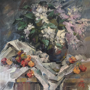 В.В. Ракчеев. Сирень и фрукты. 2015 г. Холст, масло. 80х80. Собственность автора