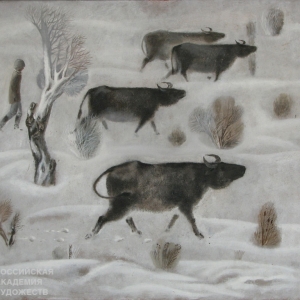 А.Б.Мусаев. Буйволы на снегу, 68х65, оргалит, масло, 1987