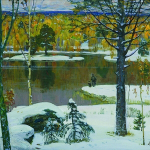 Б.Н.Поморцев.  Ранний снег. 1996. Холст, масло. 80х100. Музей изобразительных искусств Республики Карелия.