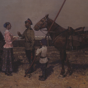 С.А. Гавриляченко. «Казачьи проводы». 2000. Холст, масло, 70х90. Таганрогский художественный музей