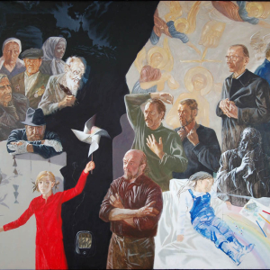 Ю.А. Воронов. Говорит Вологда. Доброе утро, товарищи. 1987. Холст, масло, 195х295. Вологодская областная картинная галерея