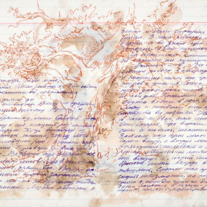 И.Г. Макаревич. Лист из серии «Рукопись Борисова». Часть проекта «Homo Lignum». 1998-1999. Бумага ручного литья с водяным знаком, тушь цветная, перо, цветной карандаш. Государственная Третьяковская галерея. Инв№НТ О-451