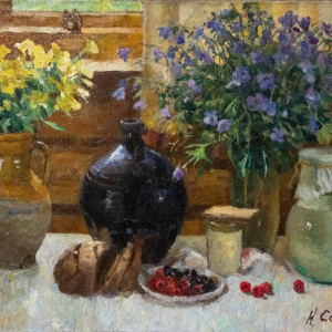 Н.Н. Соломин. Натюрморт с молоком и хлебом. 2012 г. Холст, масло. 62,5х88,5. Собственность автора.