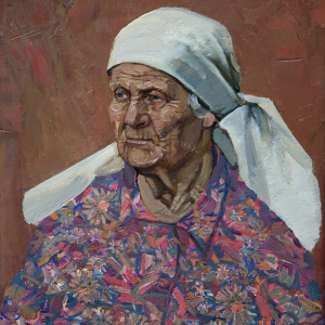 Н.И. Боровской. Баба Катя в цветном платье. 1997. Холст, масло. 50х65. Собственность автора