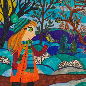 Работа Анастасии Раменской (9 лет) «Весенняя прогулка» на конкурсе «Снегири 2023» в Красноярске