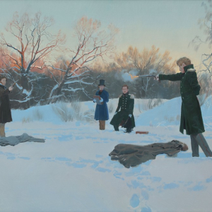 Д.А. Белюкин. Дуэль А.С. Пушкина. Выстрел Дантеса. 2022 г. Холст, масло. 65х100. Собственность автора.