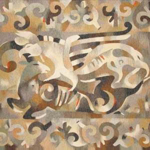 М.Ф. Муканов. Пазырыкский мотив. День-ночь. Гобелен. 2011. Шерсть, акрил, шелк, ручное ткачество. 140х230. В соавторстве с А. Жамханом