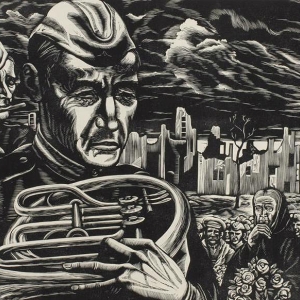 С.М.Харламов. Музыканты. 1971. Бумага, линогравюра, 28,5х40,9 39,5х49,9. Инв. 3745-гр. Пензенская областная картинная галерея им. К.А. Савицкого.