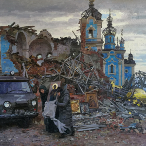 В.В. Куракса. Уцелевшие Святыни. 2024. Холст, масло. 100х150. Студия военных художников имени М.Б. Грекова