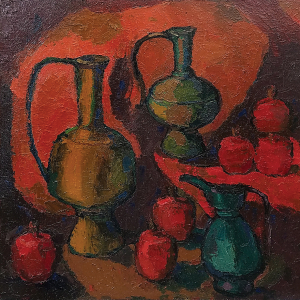А.М. Рубец (1953-2026). Натюрморт с кубачинскими кумганами и гранатами. 2020. Холст, масло. 95х100. Собственность семьи художника
