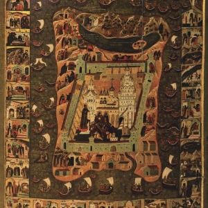 Икона «Пречестная и великая обитель преподобных Зосимы и Савватия». Около 1630 г.