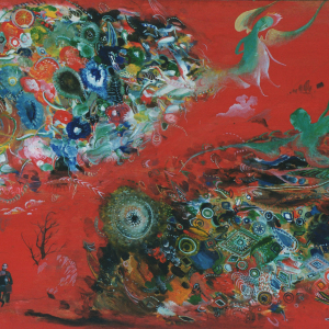 Ю.С.Устинов (1954-2026). Эскиз декорации к балету «Жар-птица» И. Стравинского. 1991. Холст, темпера, 70х100. Собственность семьи автора