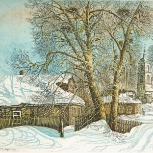 А.Е.Ветров. Солнечный март. Деревня Куркино. 1996. Цв. офорт с двух досок. 30х40.