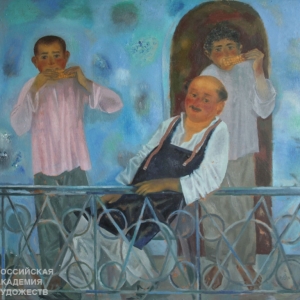 А.Б.Мусаев. На балконе, 68х66, оргалит, масло, 1986
