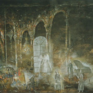 Ю.С.Устинов (1954-2026). Эскиз декорации к опере Богема Д.Пуччини. МАМТ. 1996. Бумага,смешанная техника, 70х90. Собственность семьи автора