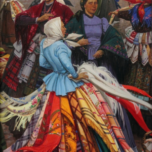 А.В. Матрёшин. Платочницы. 2018г., холст, масло, 200х100. Собственность автора.