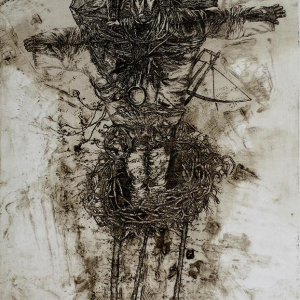 М.Г. Старостин (1959-2026). Гнездо.1995 г. Бумага, офорт. 44,5х35,5. Приморская государственная картинная галерея