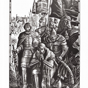 С.М. Харламов. Перед боем. Из серии «На поле Куликовом». 1979 г. Бумага, линогравюра. л:70,6х55; от: 65х42,5 см. Костромской государственный историко-архитектурный и художественный музей-заповедник