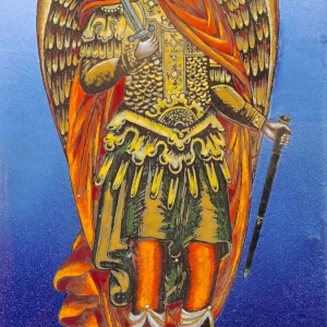 В.А. Чаусов. Святой Архангел Михаил. 2025. Горячая эмаль, сталь. 76х45. Собственность автора.
