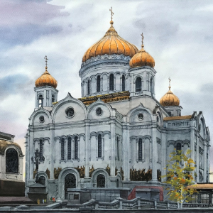Р.С. Айдаров. «Храм Христа Спасителя в Москве». 2020г., бумага, акварель, 34х48. Собственность автора.