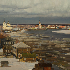 В.Н.Страхов. Ледоход в Тотьме. 2013 г. Холст, масло. 110х200. Собственность автора.