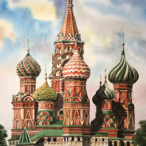 Р.С. Айдаров. «Храм Василия Блаженного в Москве». 2024г., бумага, акварель, 48х34. Собственность автора.